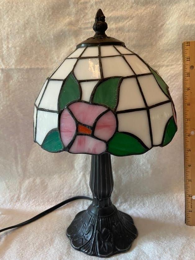 Small Lamp with Stained Glass Shade with Bronze Tone Metal Base