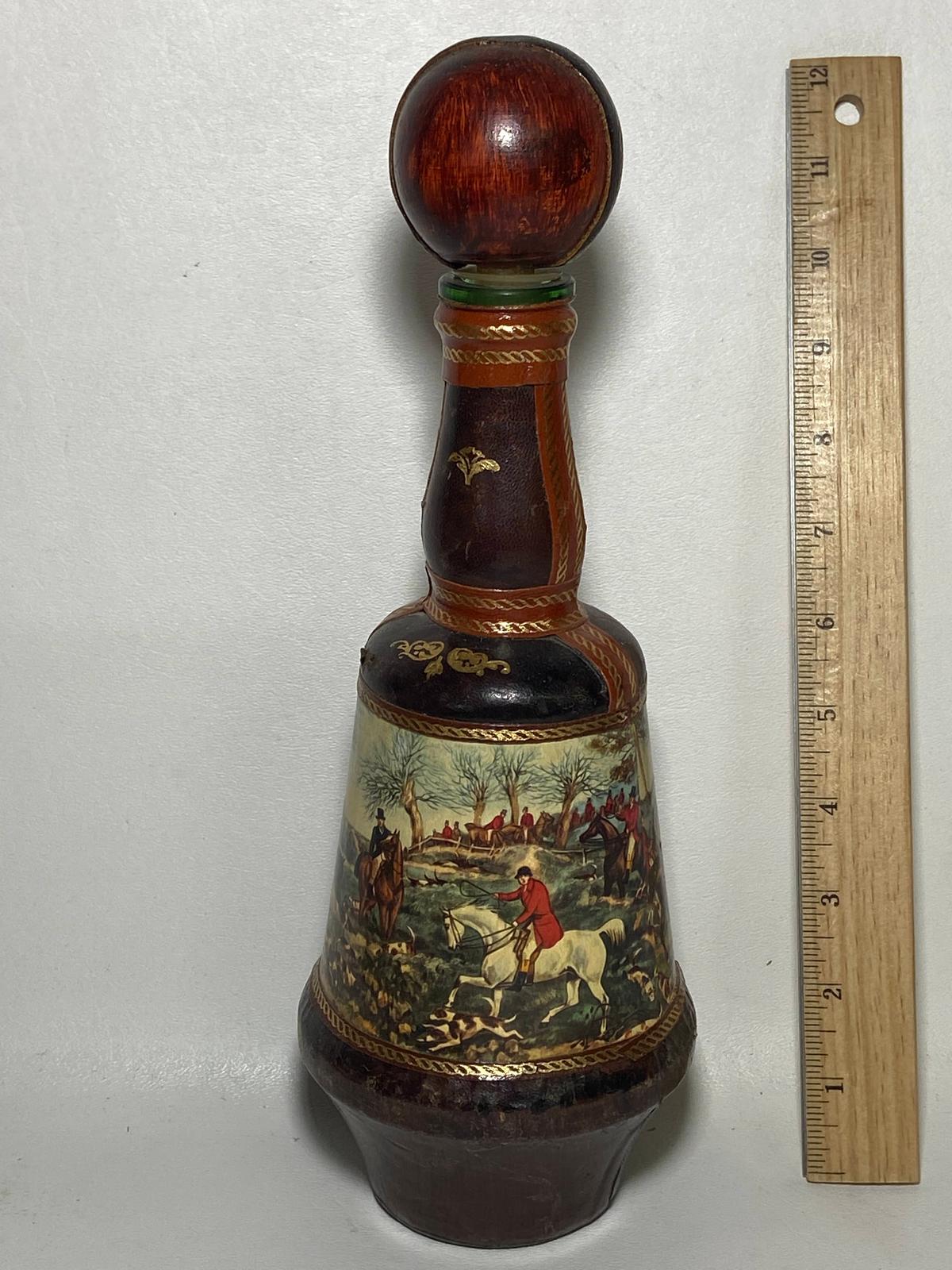 Unique Leather Wrapped Glass Decanter w/ English Hunting Scene Decal 