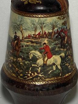 Unique Leather Wrapped Glass Decanter w/ English Hunting Scene Decal 