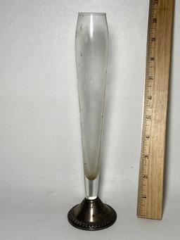 Vintage Duchin Creation Etched Glass Bud Vase with Weighted Sterling Silver Base