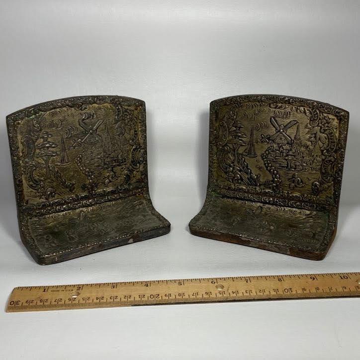 Pair of Vintage Ornate Bookends with Windmill Scene