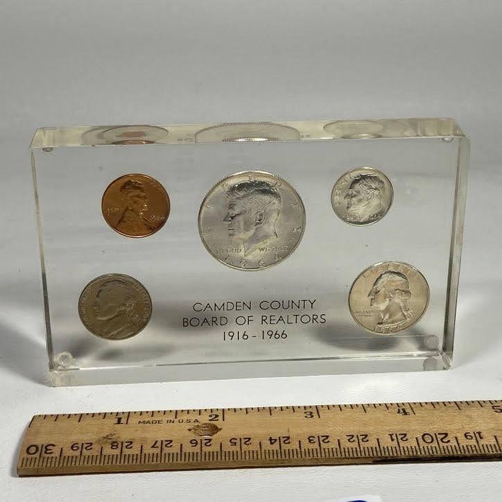 1916-1966 Camden County Board of Realtors Lucite 1964 Coin Set Paperweight