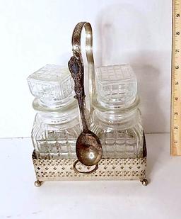 Vintage Glass Condiment Jars in Silver Plated Caddy with Spoon