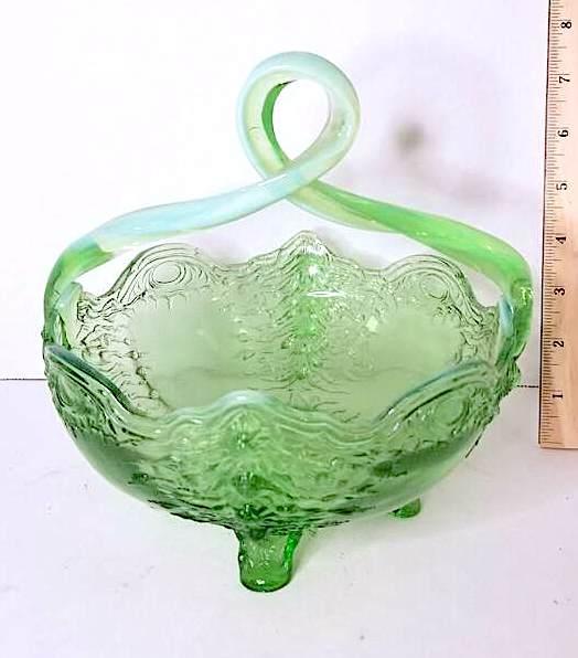 Jefferson Art Glass Green Footed Basket with Old Man Winter Pattern & Twisted Handle