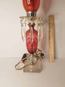 Pretty Vintage Cranberry Etched Glass Lamp with Hanging Prisms