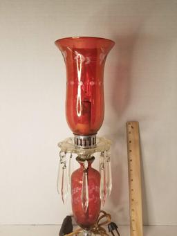 Pretty Vintage Cranberry Etched Glass Lamp with Hanging Prisms