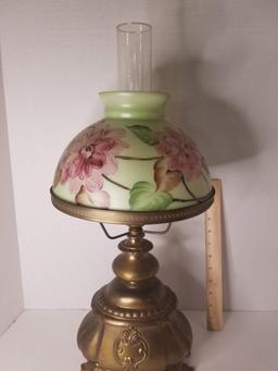 Gorgeous Antique Floral Glass Lamp with Bronze Tone Base