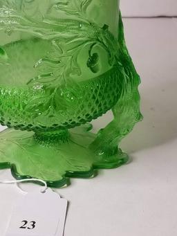 Victorian Green Opalescent Glass Toothpick Holder w/ Embossed Leaf Design