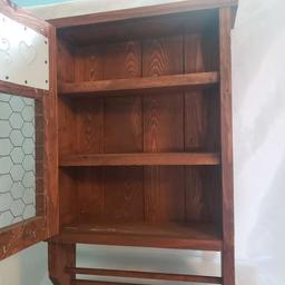 Vintage Wood Wall Hanging Cabinet with Chicken Wire and Punched Tin Front, Towel Bar