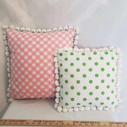 Lot 2 Accent Pillows – 1 Appliqued Doll & 1 Pink & White Checkered – both w/ Pom Pom Fringe