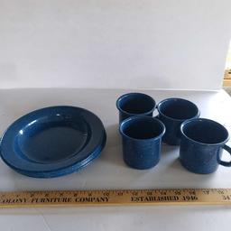 Speckled Blue Enamelware Camping Set, 4 Bowls, 4 Cups