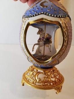 Porcelain Carousel Horse Music Box Egg with Gold Tone Filigree Base Made in Malaysia