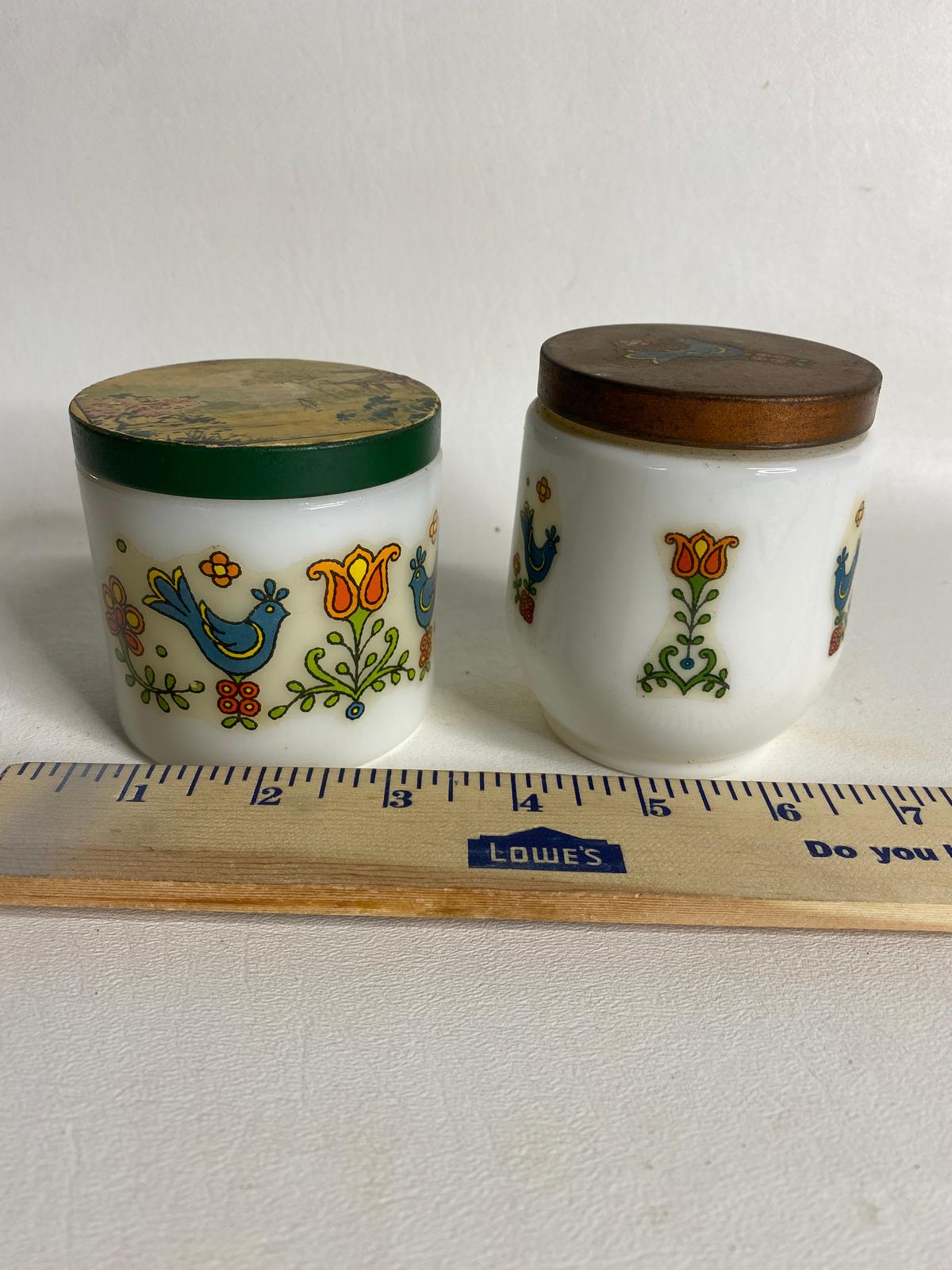 Pair of Milk Glass Jars w/  PA Dutch Style Bird Decals