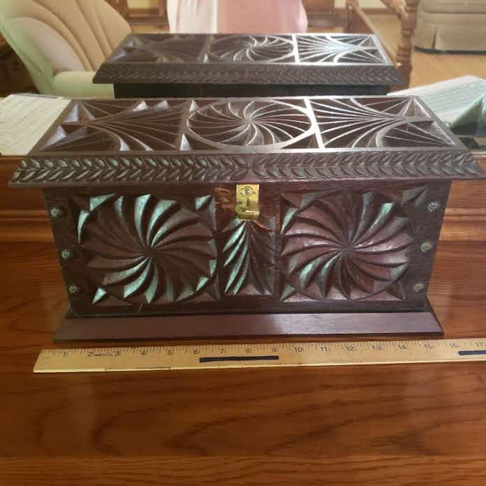 Vintage Beautiful Carved Heavy Jewelry Box with Wood Insert Tray, Name Engraved Inside