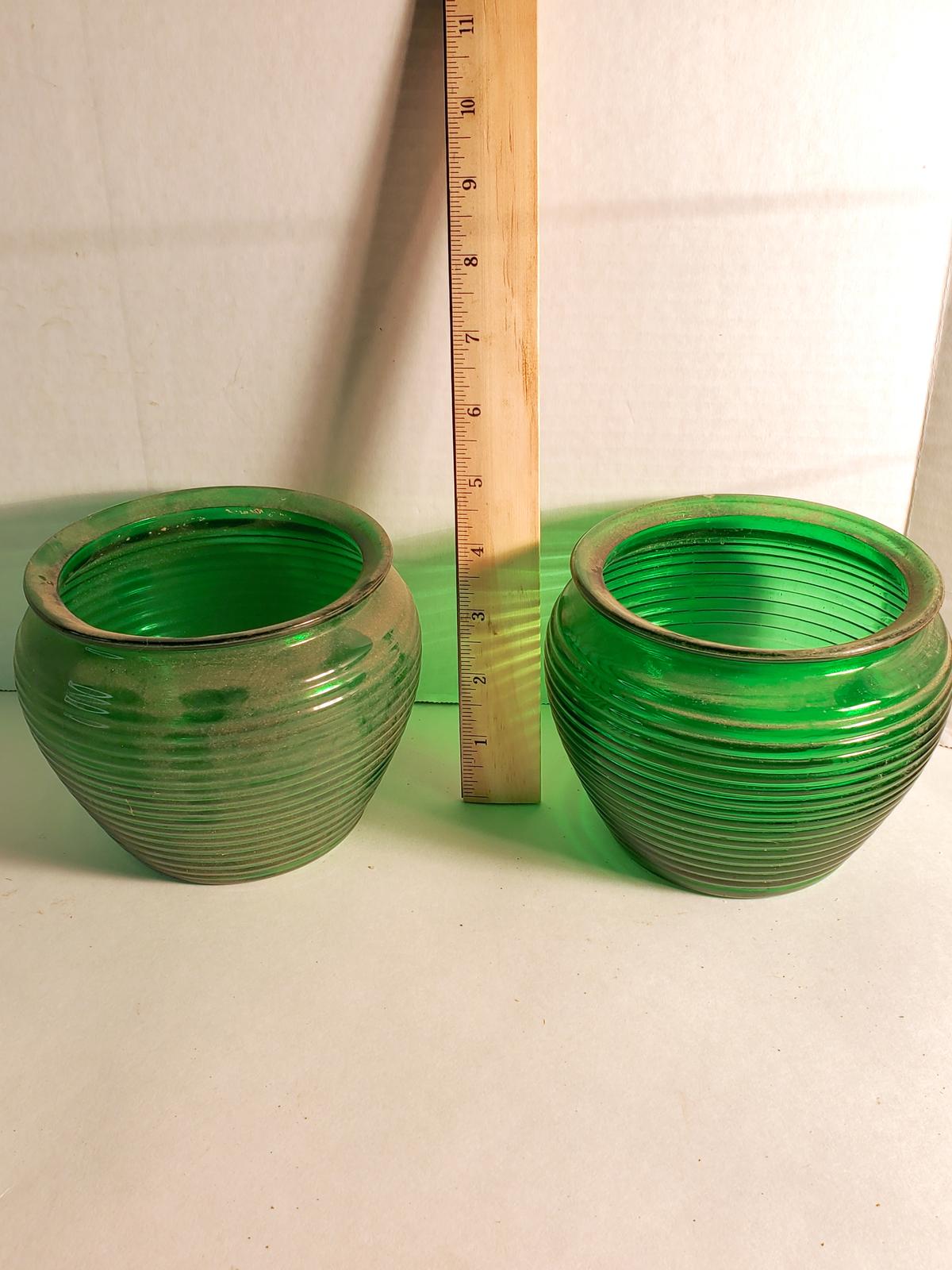 Pair of Vintage National Pottery Green Ribbed Art Glass Vases