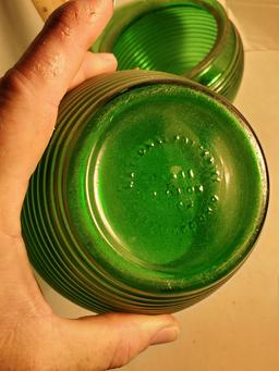 Pair of Vintage National Pottery Green Ribbed Art Glass Vases