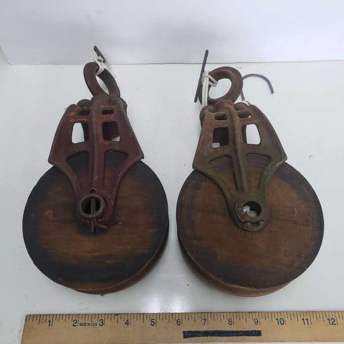 Matching Pair of Hudson Antique Wood and Cast Iron Pulleys