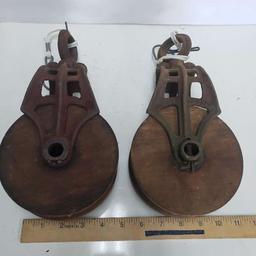 Matching Pair of Hudson Antique Wood and Cast Iron Pulleys