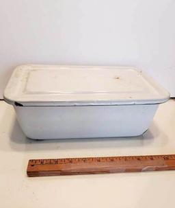 Large VIntage White Enamel Rectangular Dish with Lid