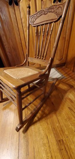 Oak Pressed Back Rocker w/ Spindles & Cane Seat