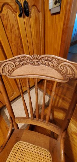 Oak Pressed Back Rocker w/ Spindles & Cane Seat