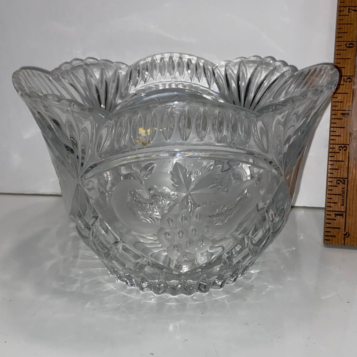 Pretty Wheel Etched Pressed Glass Bowl w/ Grape Design