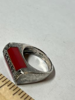 Sterling Silver Ring with Marcasite and Red Stones