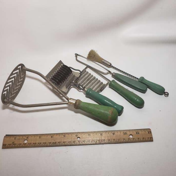 Lot of Vintage Green Handled Kitchen Utensils