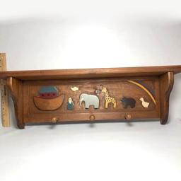 Wood Carved Noah’s Ark Wall Shelf with Pegs