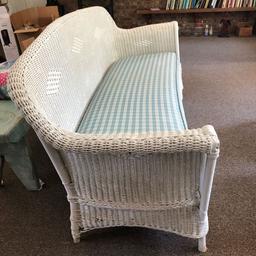 Real Wicker & Wood Sofa with Blue Checkered Cushion