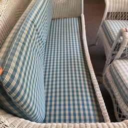 Real Wicker & Wood Sofa with Blue Checkered Cushion