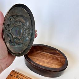 Unique Vintage Wooden Spice Box with Stamped Metal Lid