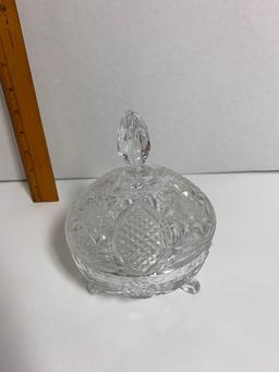 Three Footed Clear Pressed Glass Lidded Candy Dish