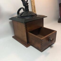 Vintage Cast Iron Coffee Grinder with Wood Base
