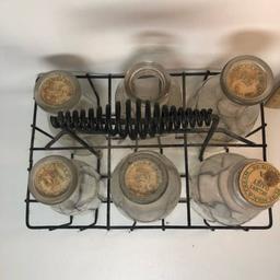 Vintage Metal Milk Caddy with 6 Glass Milk Bottles