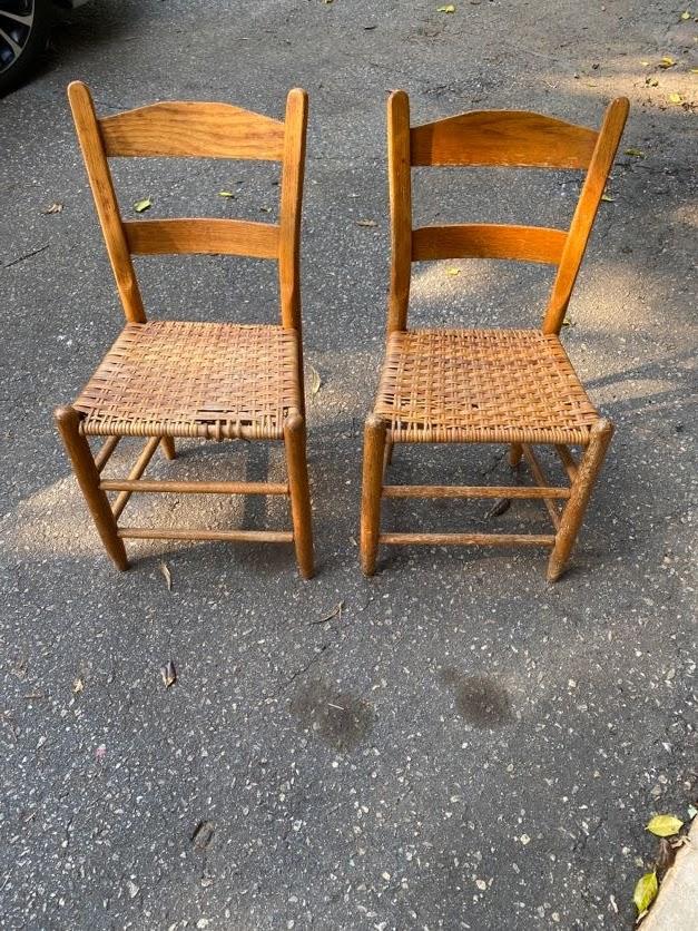 Lot of 2 Vintage Childs Wood Chairs with Woven Seats