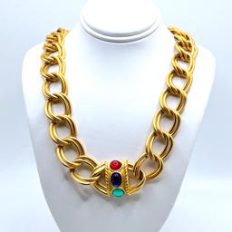Gold Tone Large Link Necklace with Multi-colored Stones