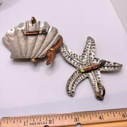 Large Silver, Gold & Copper Tone Shell & Starfish Pins/Sliders