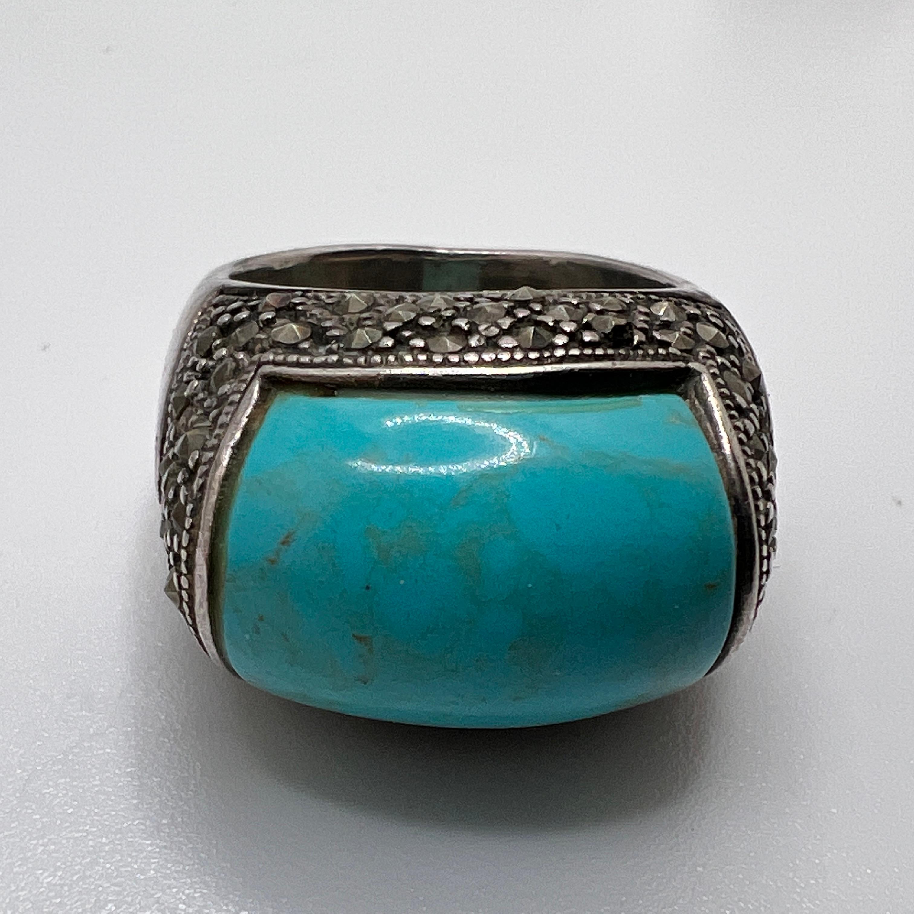 Sterling Silver Chunky Ring with Turquoise Colored Stone & Marcasite Stones