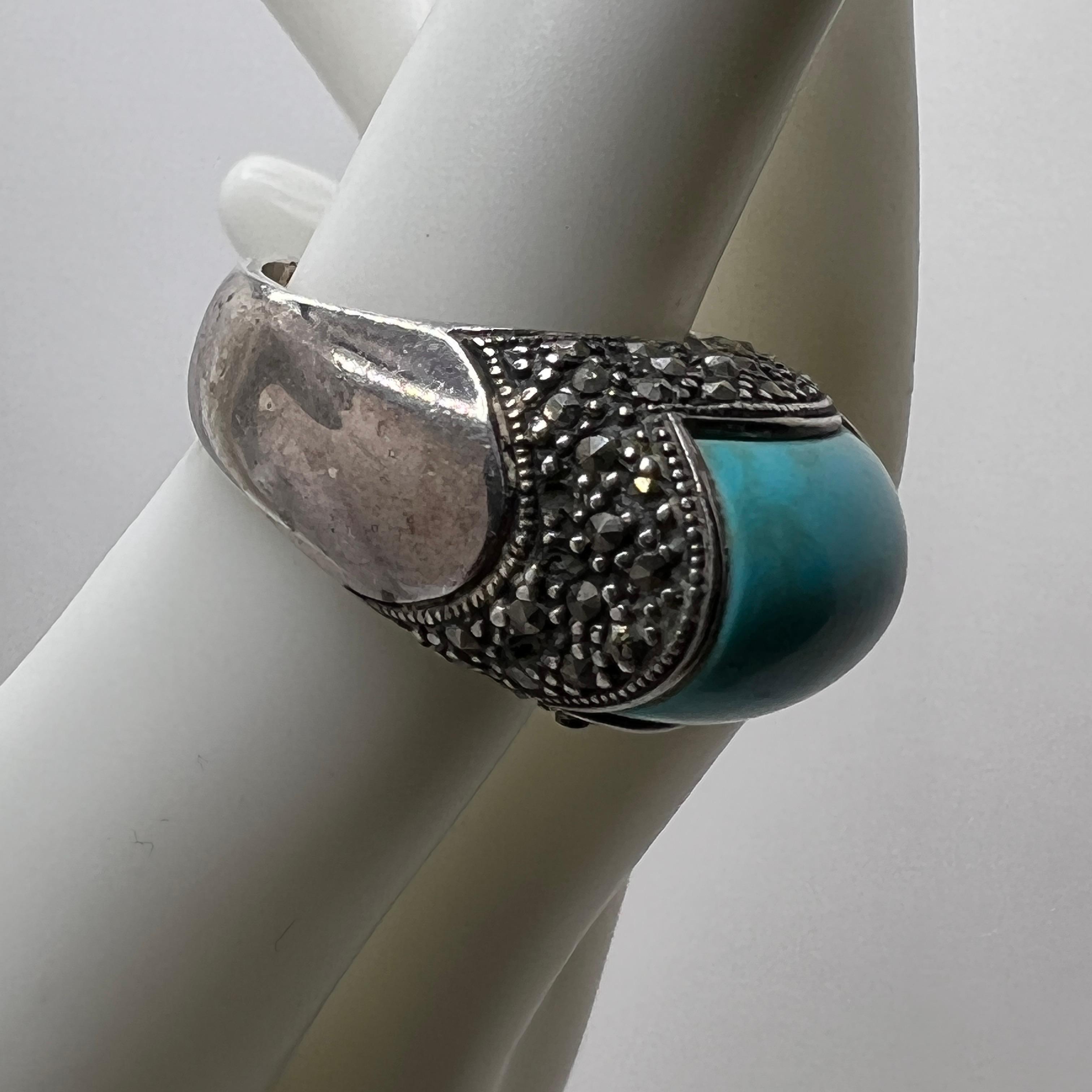 Sterling Silver Chunky Ring with Turquoise Colored Stone & Marcasite Stones