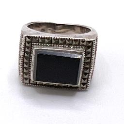 Unique Sterling Silver Ring with Rectangular Onyx Stone Surrounded by Marcasite Stones