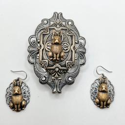 Large Silver & Copper Tone Scarf Clip & Pierced Earring Set with Rabbit Centers