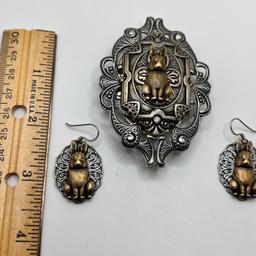 Large Silver & Copper Tone Scarf Clip & Pierced Earring Set with Rabbit Centers