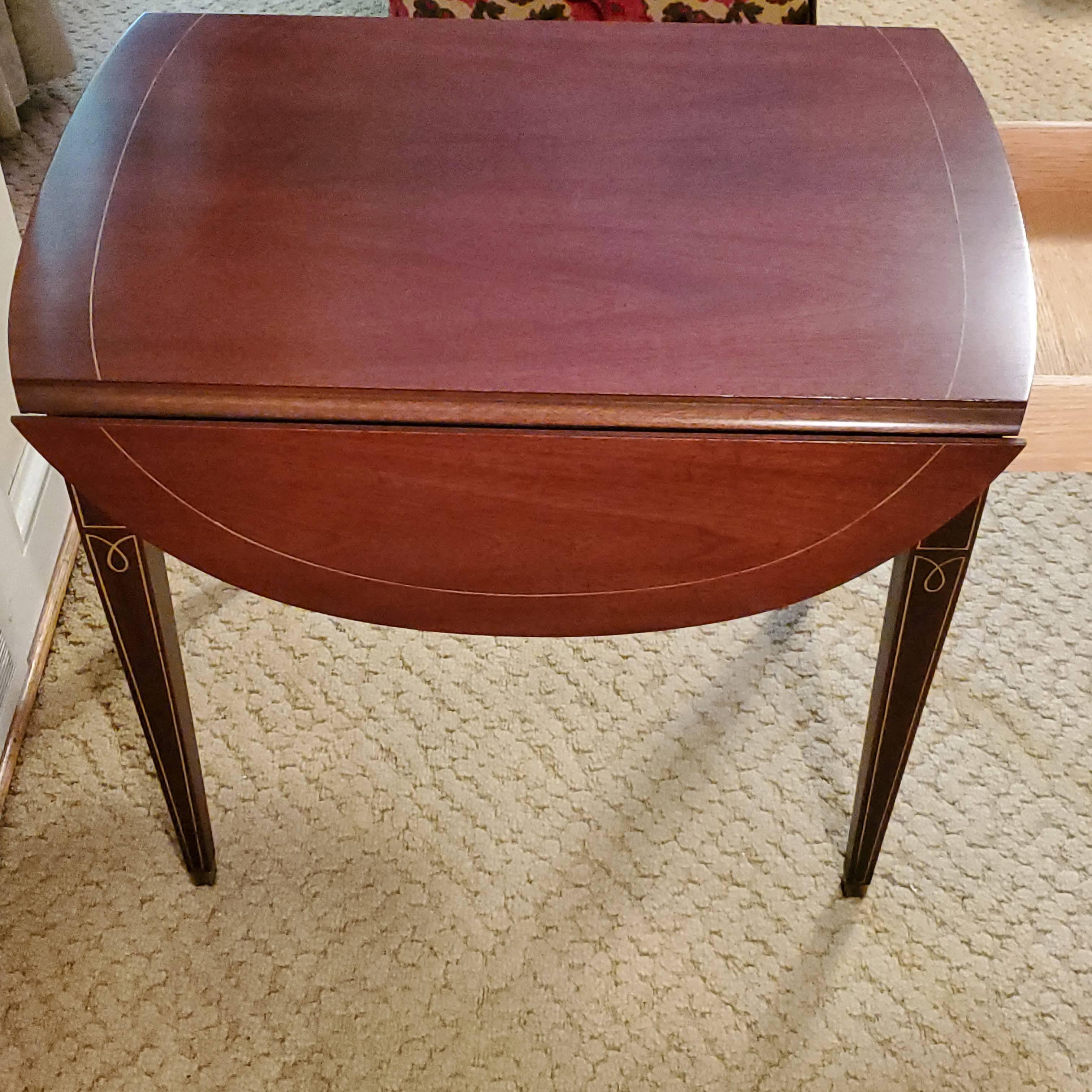 1960’s Pembroke Craftsman Banded Mahogany Wood Side Table with Folding Sides and Dovetail Drawer