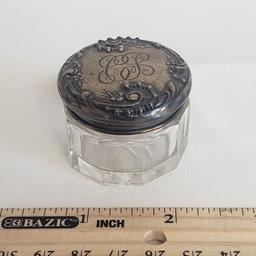 Antique Vanity Jar with Sterling Silver Embossed Lid
