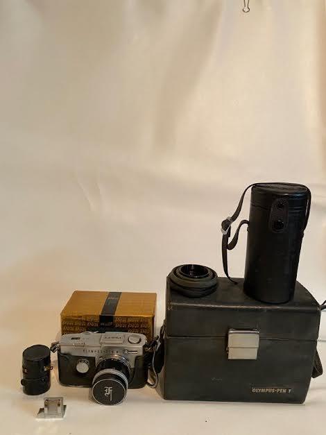 Vintage Olympus Pen F Camera with Leather Case, Film Holder with Hard Leather Carrying Case