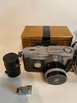 Vintage Olympus Pen F Camera with Leather Case, Film Holder with Hard Leather Carrying Case