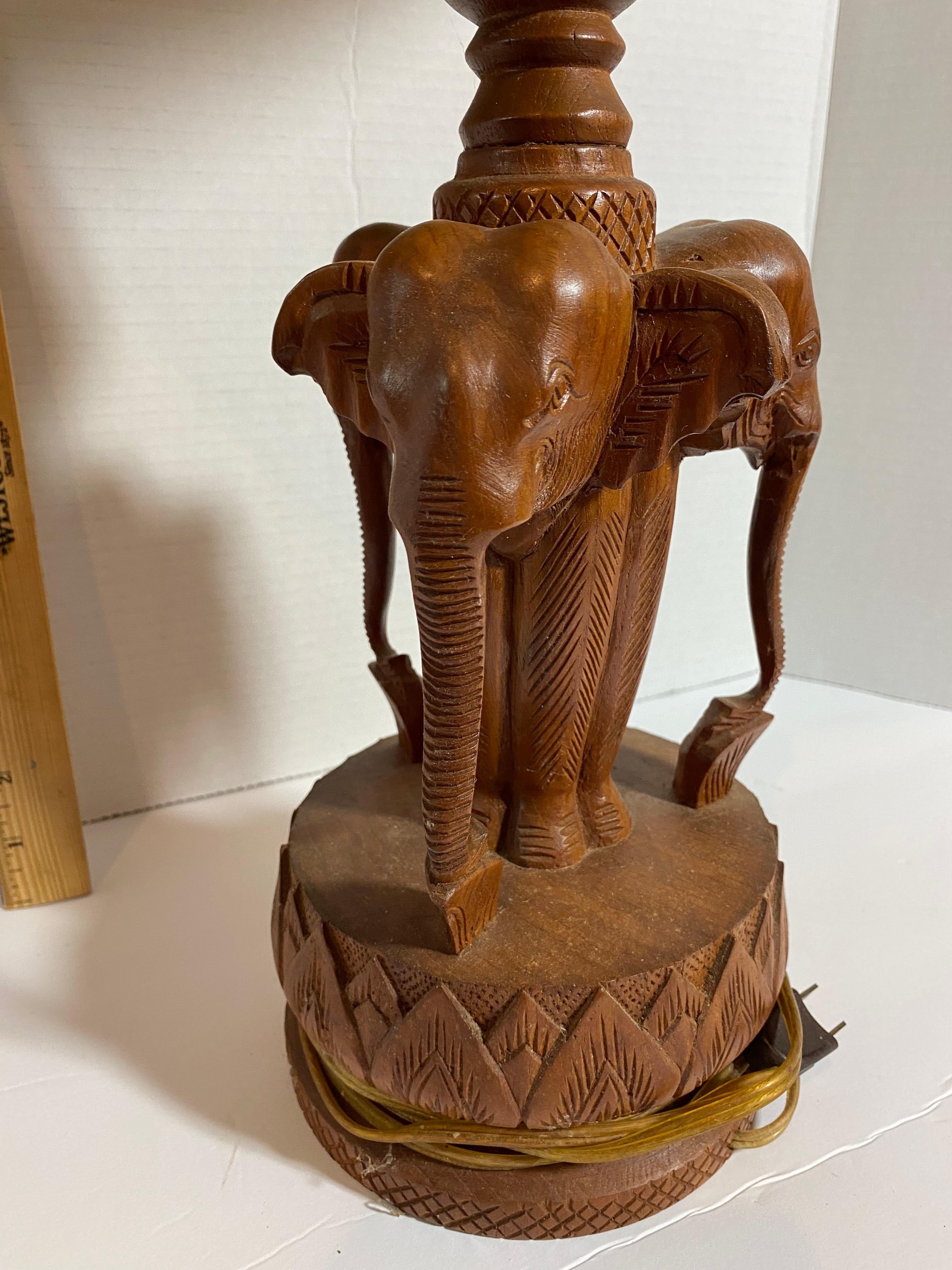 1970's Indian Carved Teak Wood Elephant Sculpture Lamp