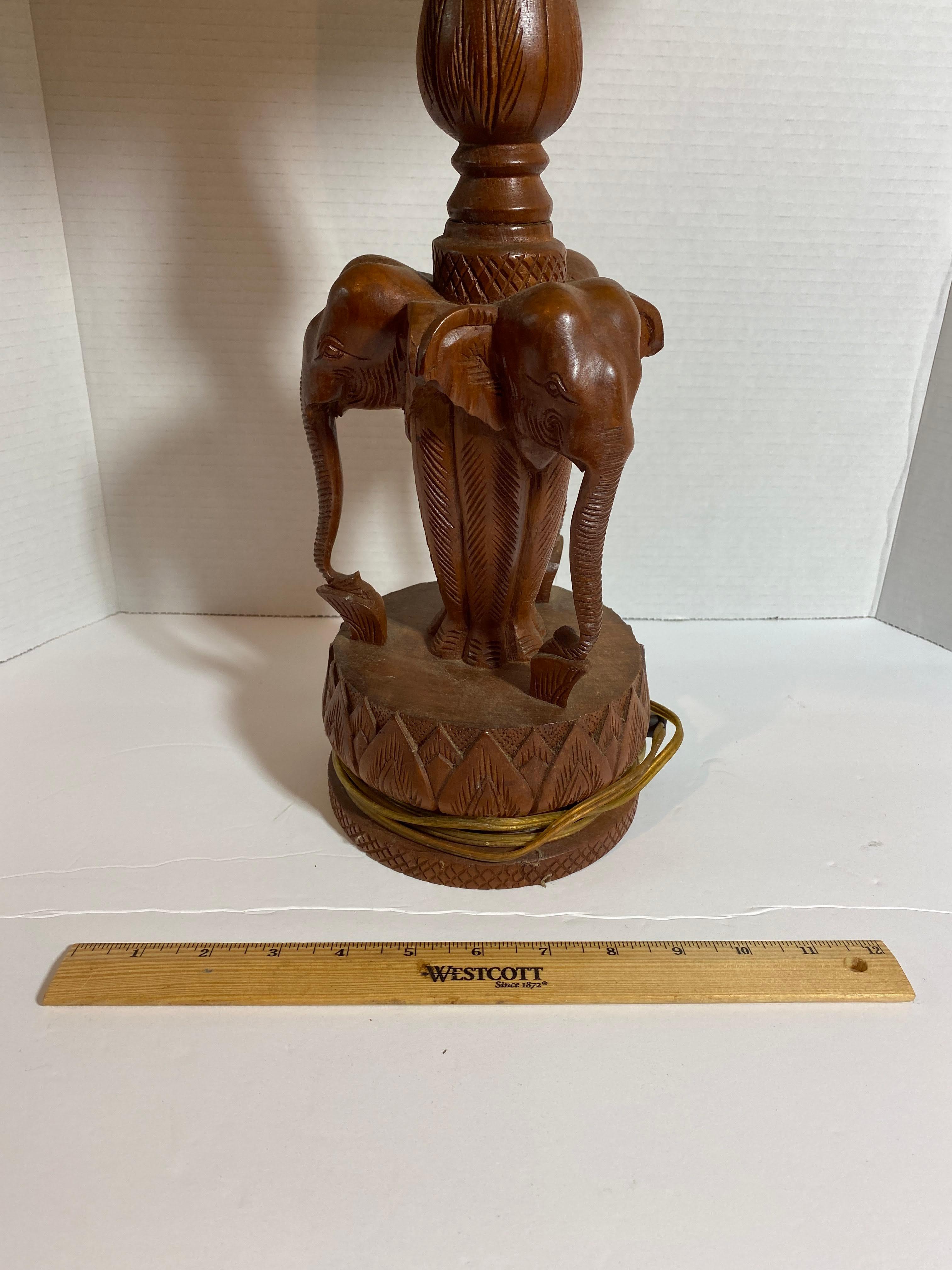 1970's Indian Carved Teak Wood Elephant Sculpture Lamp