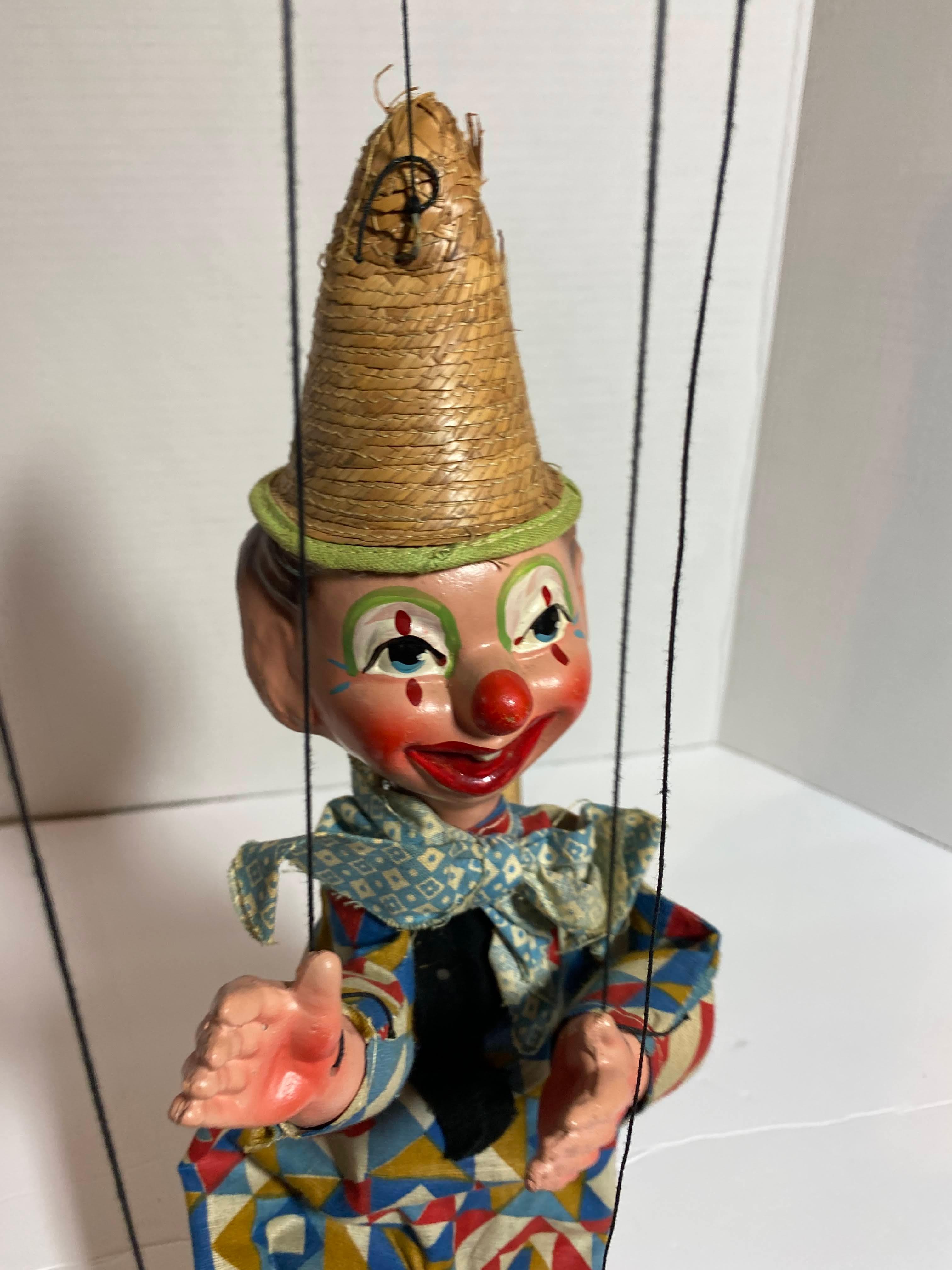 Vintage Clown Marionette on Strings with Wooden Handle, Feet